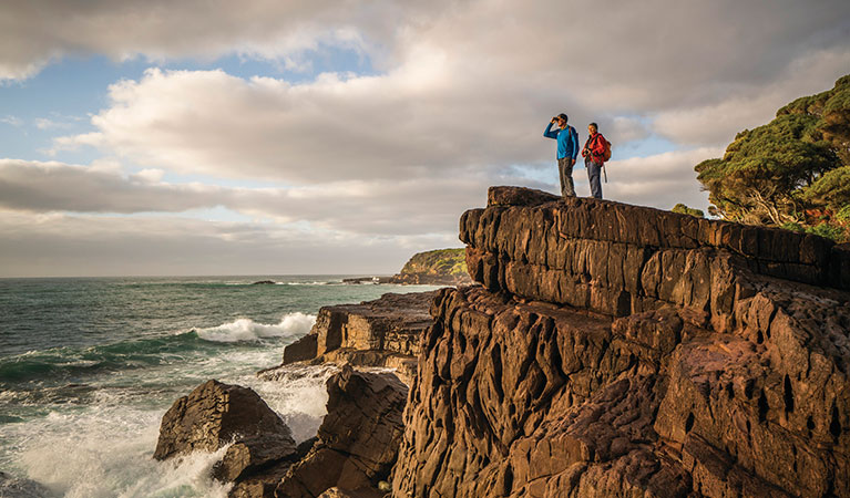 People whale watching from a rock shelf near Bittangabee Bay. Photo: John Spencer/DPIE