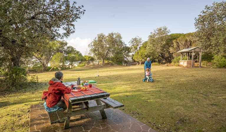 A family with a picnic at Haycock Point picnic area, Beowa National Park. Photo: John Spencer &copy; DPE