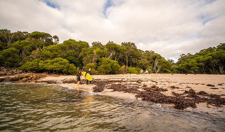 People walking along the beach at Bittangabee Bay in Beowa National Park. Photo: John Spencer &copy; OEH