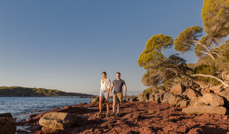 Two people walk on the sand beside the water, on the Light to Light Walk in Beowa National Park. Photo: Tim Clark/DNSW