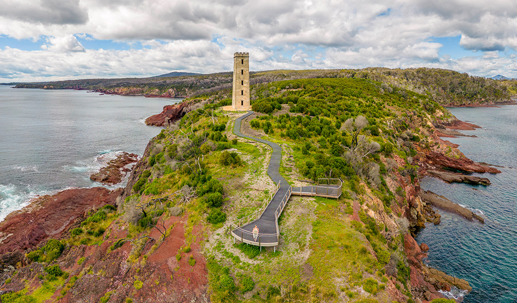 Aerial view of Boyds Tower and the accessible boardwalk. Credit: John Spencer © DCCEEW