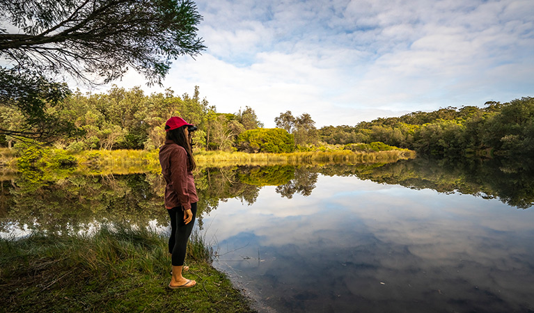 Birdwatcher at Woodburn Creek, Saltwater Creek campground, Beowa National Park. Photo: John Spencer/OEH