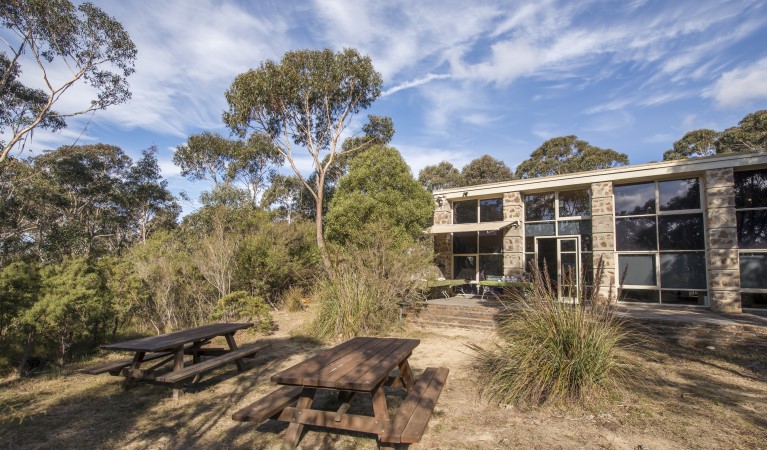 Picnic tables outside Blue Mountains Heritage Centre in Blackheath. Photo: John Spencer &copy; DPIE