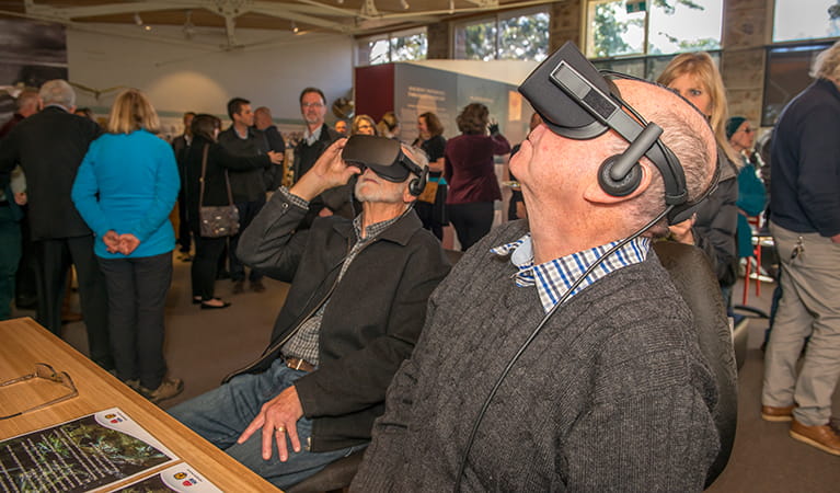 Visitors use goggles and headphones for a virtual reality experience, at Blue Mountains Heritage Centre. Photo: John Spencer/OEH