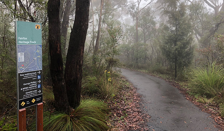 Sign at start of Fairfac Heritage walking track, Blue Mountains National Park. Photo: E Sheargold/OEH.