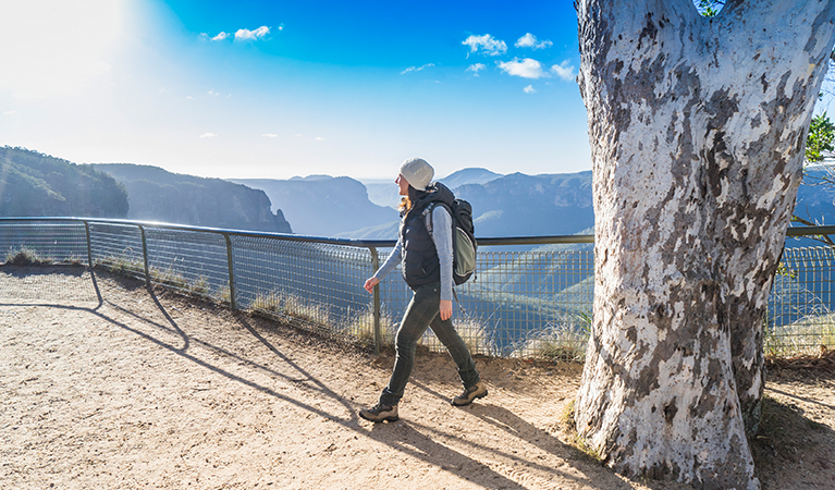 Walker starting out from Govetts Leap lookout in Blue Mountains National Park. Photo: Simone Cottrell &copy; DPE