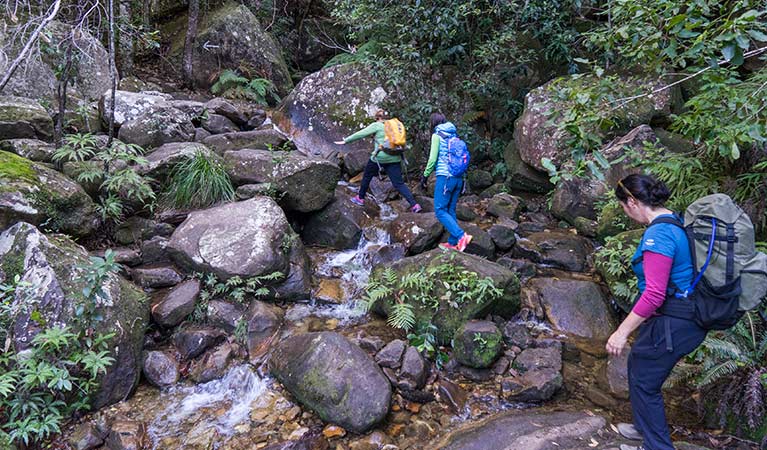 Three hikers scramble over rocks on Rodriguez Pass walking track, Blue Mountains National Park. Photo: Simone Cottrell/OEH.