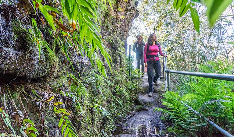 Hikers walk down Govetts Leap descent, Blue Mountains National Park. Photo: Simone Cottrell &copy; DPE