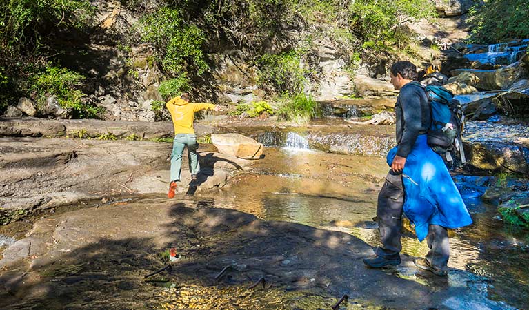 A hiker rock hops at a creek crossing on Rodriguez Pass walking track, Blue Mountains National Park. Photo: Simone Cottrell &copy; DPE