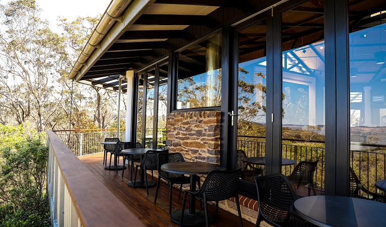 Balcony area of Conservation Hut, Blue Mountains National Park. Photo: Conservation Hut Cafe