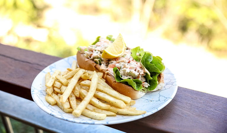 Lobster and prawn roll with chips served at Conservation Hut, Blue Mountains National Park. Photo: Conservation Hut Cafe