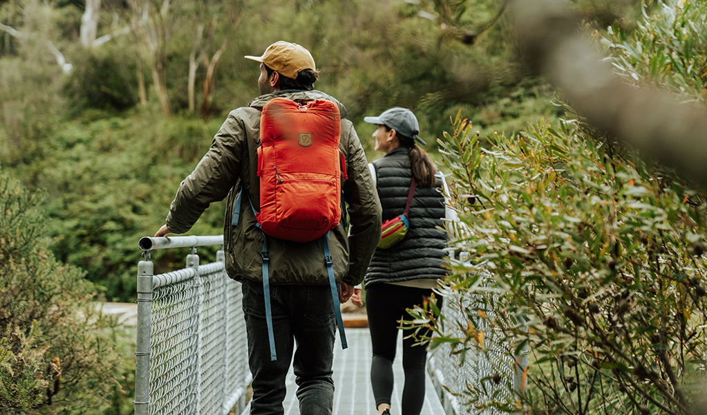 People in winter gear crossing a bridge with a wire fence and a handrail on Darwins walk surrounded by Australian bush. Credit: Remi Brand/DPE &copy; Remy Brand