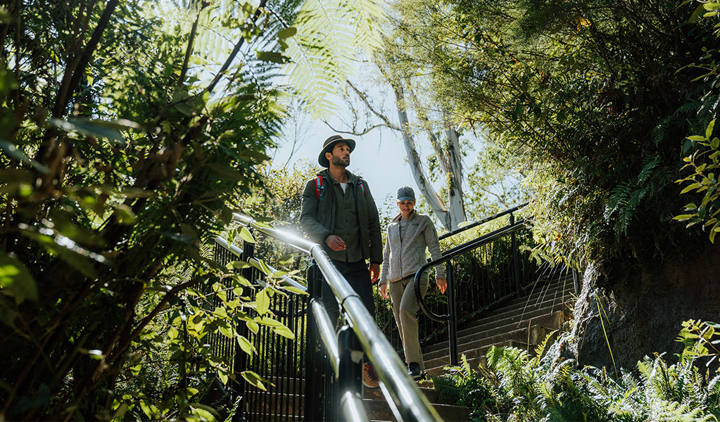 2 walkers on Grand Cliff Top Walk, Blue Mountains National Park. Photo: Remy Brand &copy; Remy Brand