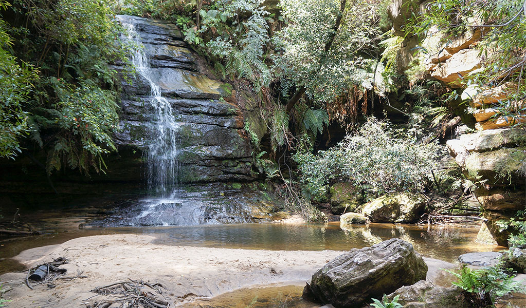 Water cascading down rock into Pool of Siloam. Pool of Siloam walk, Blue Mountains National Park. Photo: Stephen Alton &copy; DPE