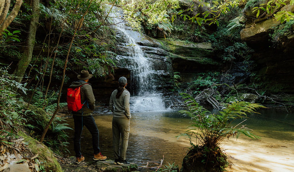 2 walkers admiring the waterfall at Pool of Siloam, Blue Mountains National Park. Photo: Remy Brand &copy; Remy Brand