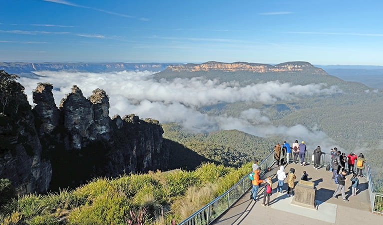 Visitors take in views from Echo Point lookout, Katoomba, Blue Mountains National Park. Photo: Elinor Sheargold &copy; DPIE