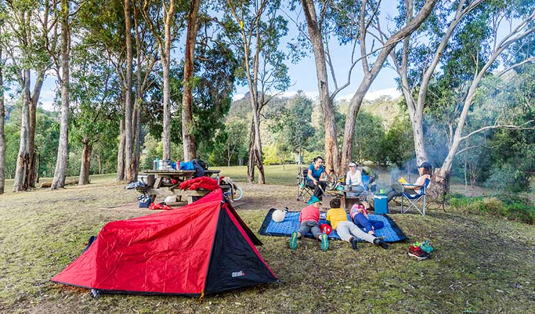 Tent and campers at Dunphys campground, Blue Mountains National Park. Photo: Simone Cottrell/OEH