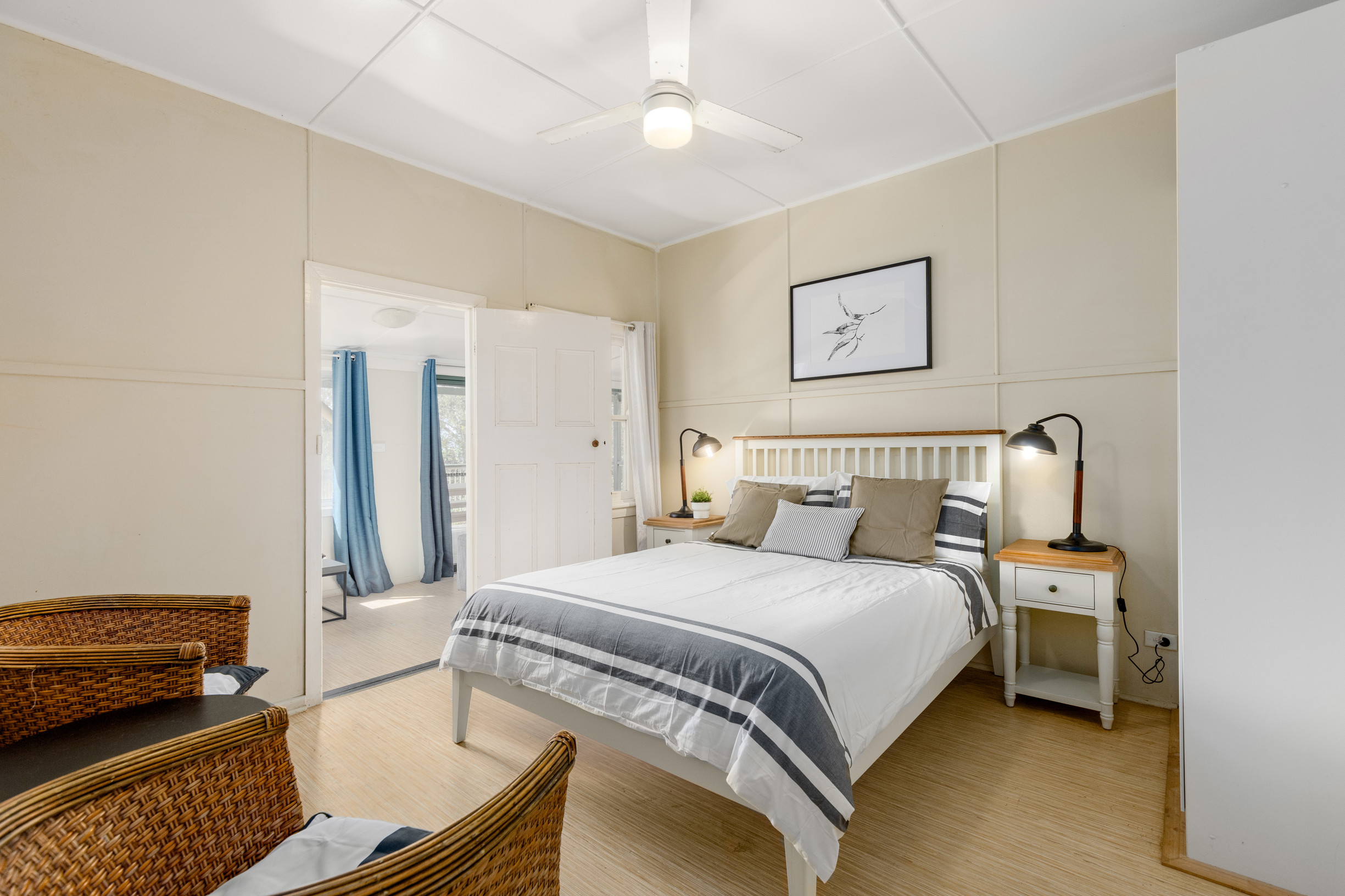 Interior of Tuckers Rocks Cottage master bedroom. Photo: Mitchell Franzi/DPIE