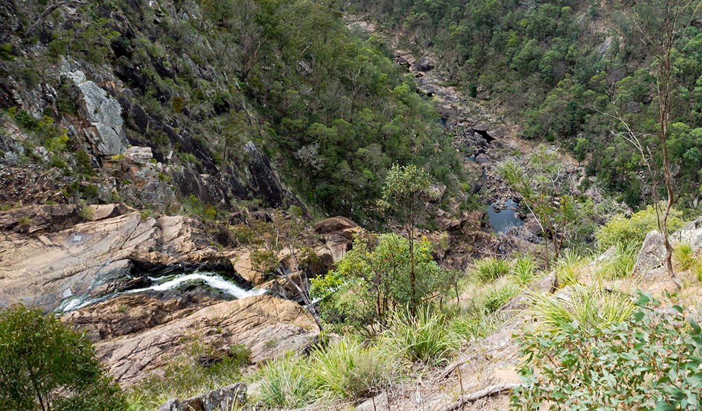 View of Boonoo Boonoo Falls plummeting over rock ledges into a steep rocky valley. Photo credit: Leah Pippos &copy; DPIE