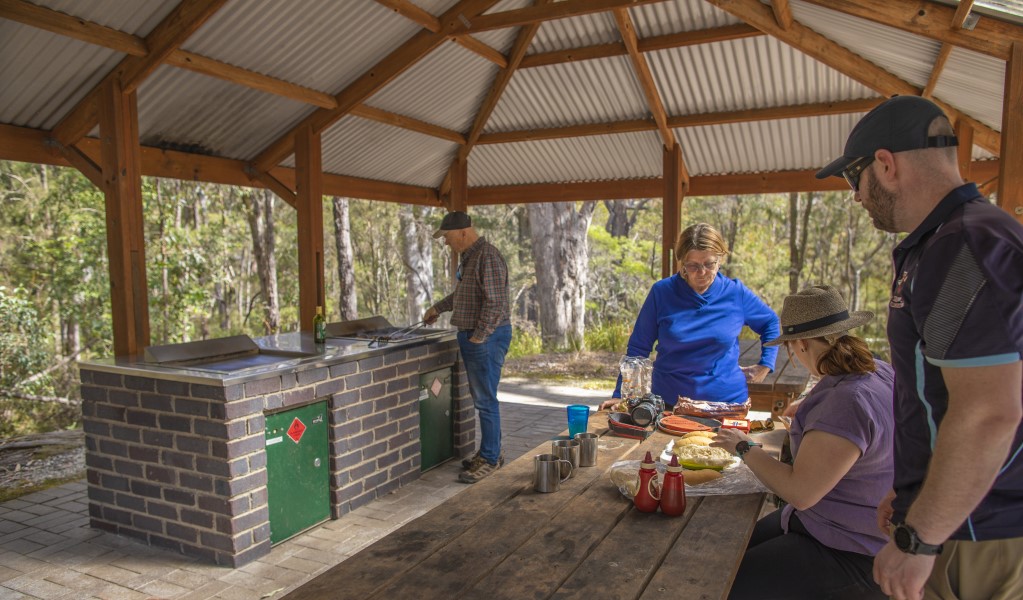 A group of people having a picnic under the shelter at Boonoo Boonoo Falls picnic area in Boonoo Boonoo Falls National Park. Photo: Joshua Smith &copy; DPE