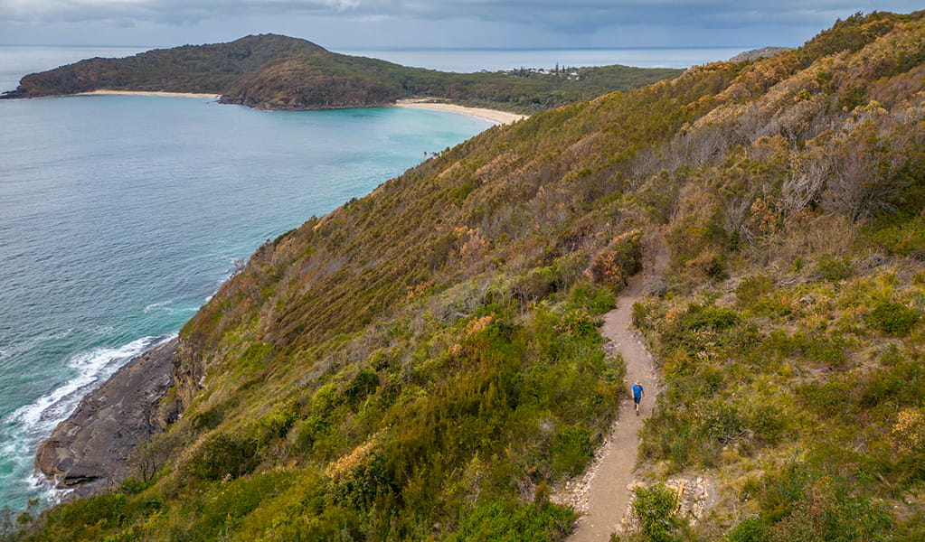 An aerial view of a person walking along Booti walking track with the ocean and Booti Booti national park in the background. Credit: John Spencer &copy; DPE
