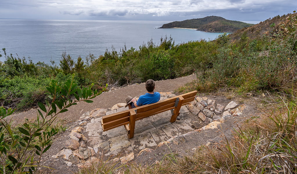 A view over the ocean from a bench beside the path along Booti walking track in Booti Booti National Park. Credit: John Spencer &copy; DPE