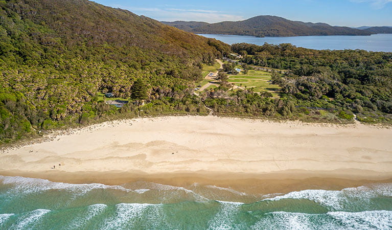 Arial shot of The Ruins campground in Booti Booti National Park, between Wallis Lake and Seven Mile Beach. Photo credit: John Spencer &copy; DPIE