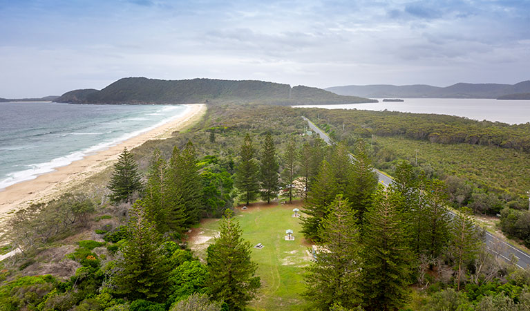 Aerial view of Santa Barbara picnic area, Seven Mile Beach and Wallis Lake. Photo credit: John Spencer &copy; DPIE