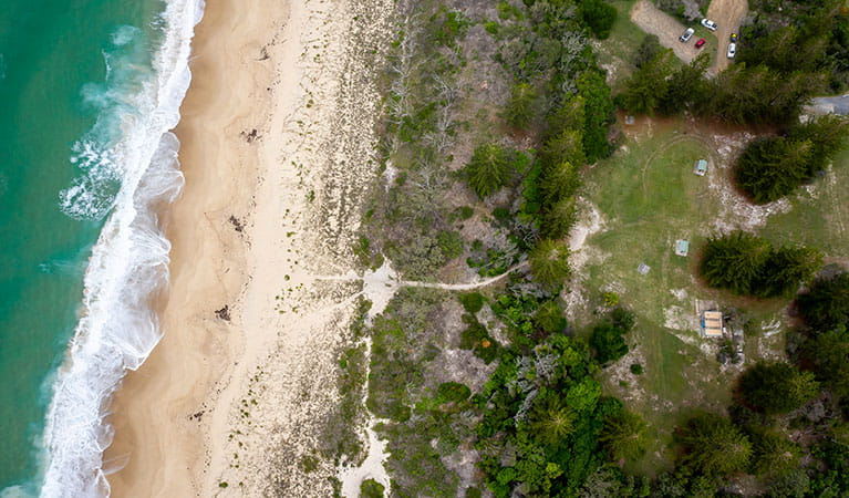 Aerial view of Santa Barbara picnic area and the shoreline of Seven Mile Beach. Photo credit: John Spencer &copy; DPIE