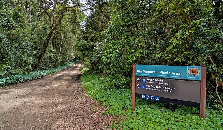 Sign beside road near Bar Mountain picnic area, Border Ranges National Park. Photo credit: John Spencer &copy; DPIE