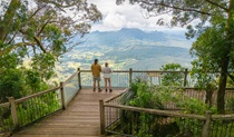 2 visitors at the viewpoint surrounded by trees at Blackbutt lookout picnic area in Border Ranges National Park. Credit: John Spencer &copy; DPE