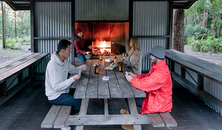 People sit at a table beside a fireplace under a picnic shelter at Sheepstation Creek campground, Border Ranges National Park. Photo credit: John Spencer &copy; DPIE