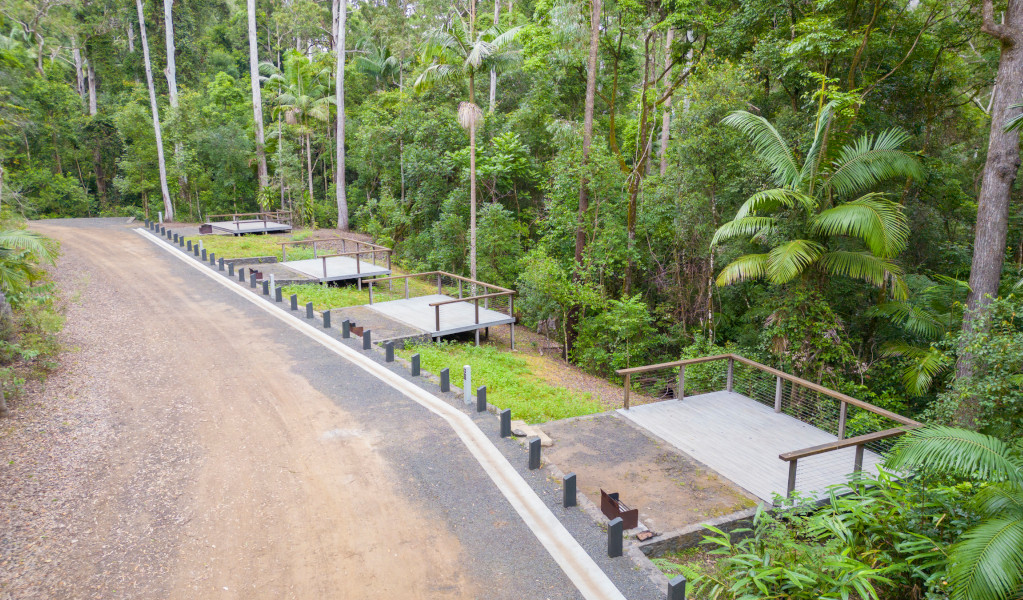 Aerial view of tent platforms at Sheepstation Creek campground. Photo credit: John Spencer &copy; DPE