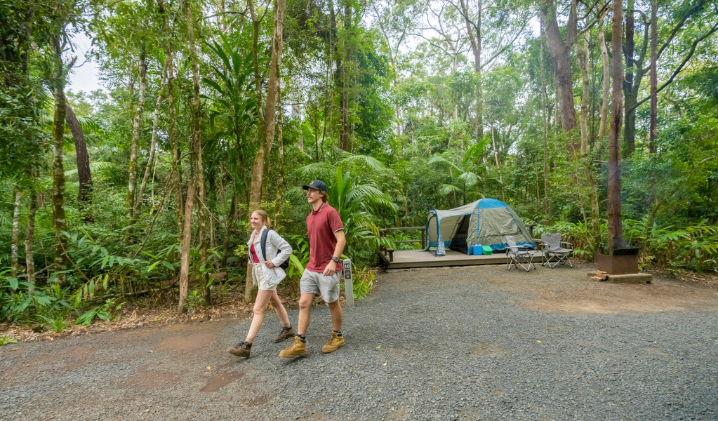 Campers heading off for a bushwalk. Photo credit: John Spencer &copy; DPE