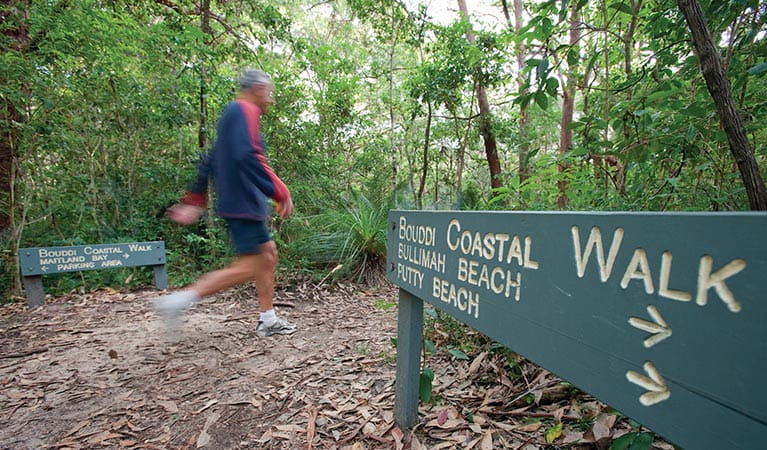 A man walks past directional park signs in Bouddi National Park. Photo credit: Nick Cubbin. <HTML>&copy; OEH