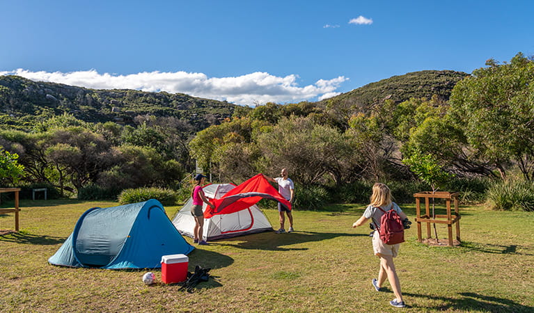 People setting up tents at Tallow Beach campground, Bouddi National Park. Photo: John Spencer/DPIE.