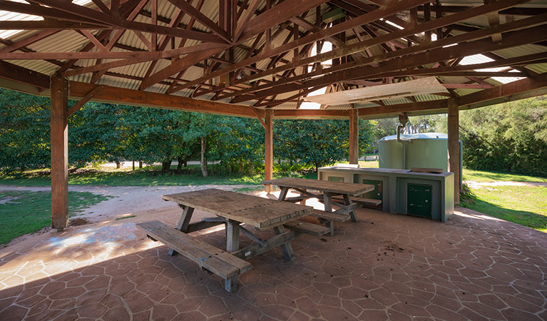 Picnic and barbecue facilities at Hobart Beach campground, Bournda National Park. Photo: Daniel Tran/DPIE