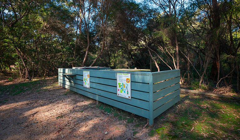 Garbage bins at Hobart Beach campground, Bournda National Park. Photo: Daniel Tran/DPIE