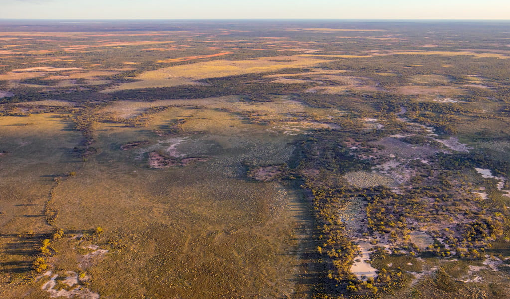 Aerial view of Brindingabba National Park, 175km from Bourke, showing its shades of red and green. Photo: Joshua Smith, &copy; DCCEEW