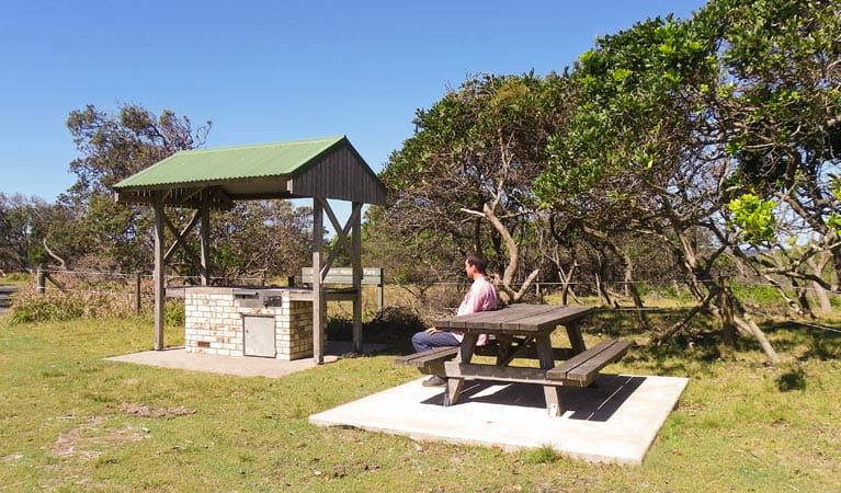 A man at a picnic table at Broadwater Beach picnic area, Broadwater National Park. Photo: L Walker