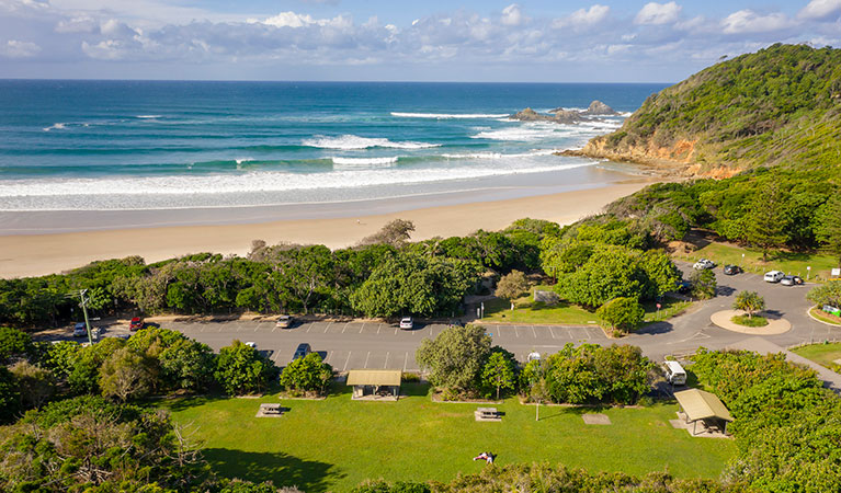 Aerial view of Broken Head picnic area in Broken Head Nature Reserve. Photo: John Spencer/DPIE