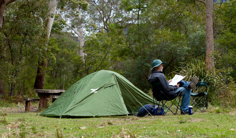 Long Gully campground tent, Budawang National Park. Photo: Lucas Boyd/DPIE