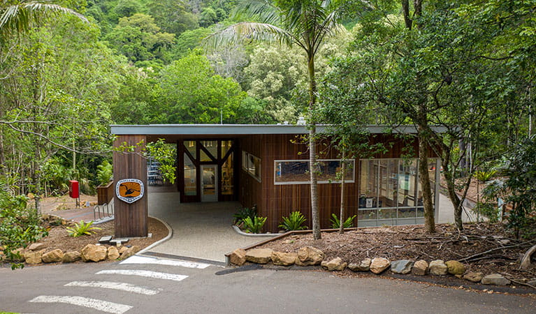 Exterior of Minnamurra Rainforest Centre with zebra crossing in the foreground and rainforest in the background. Photo: John Spencer &copy; DPIE