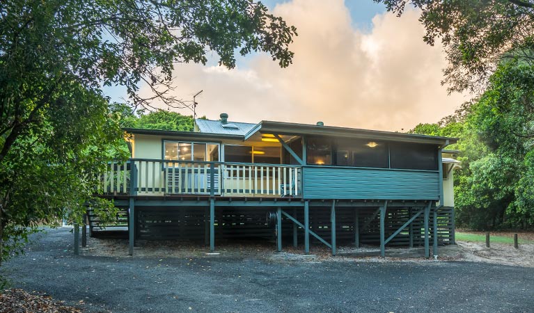 Exterior view of Forest House balcony at twilight, Bundjalung National Park. Photo: J Spencer/OEH