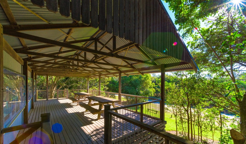 A shelter with picnic tables at Iluka Bluff picnic area in Bundjalung National Park. Photo: Jessica Robertson &copy; DPIE