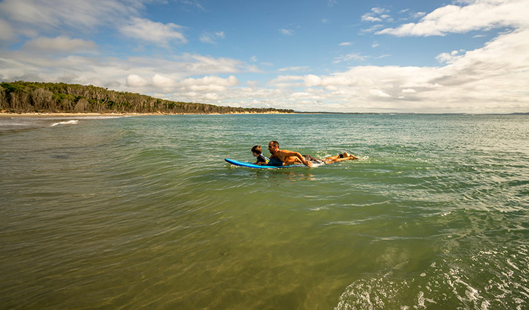 A father and young son swim on a paddle board in Bundjalung National Park. Photo: John Spencer/OEH