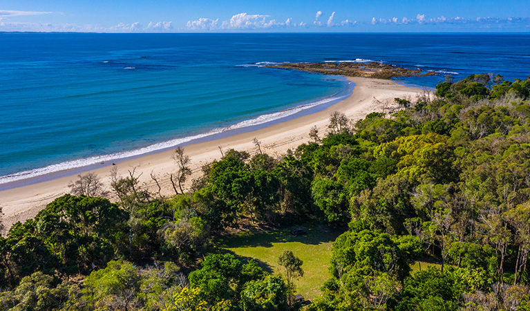 Aerial view of Shark Bay picnic area set in bushland, next to beach with rocky headland in the distance. Photo: Jessica Robertson/OEH.