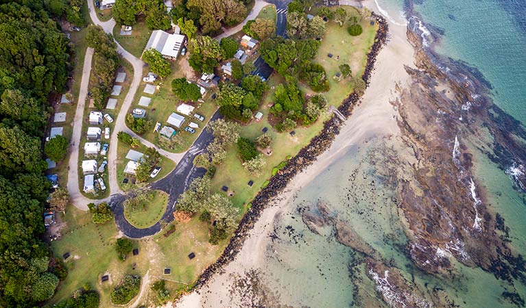 Aerial view of Woody Head campground and adjoining beach, Bundjalung National Park. Photo: John Spencer/OEH 