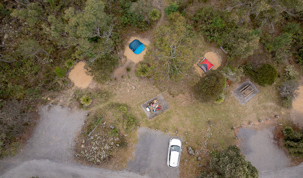 Aerial view of campsites and car spaces at Bungonia campground. Photo: John Spencer/DCCEEW &copy; DCCEEW
