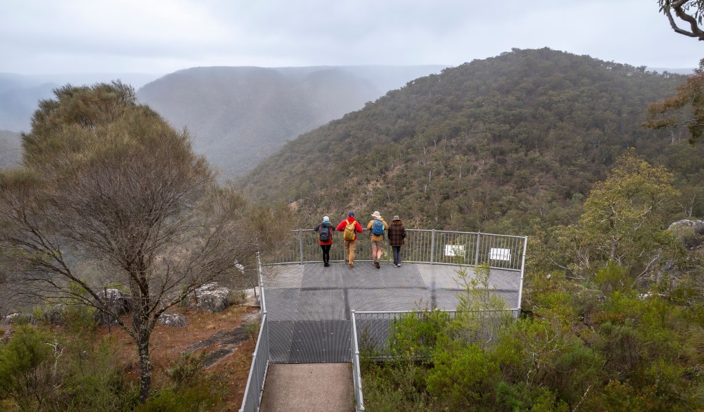 A group of people at The Lookdown lookout in Bungonia National Park. Photo: John Spencer &copy; DCCEEW